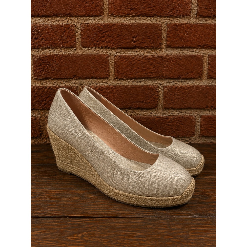 J.Crew Espadrille Wedge Pumps 8.5 Costal Preppy Boho Resortwear Gold Canvas